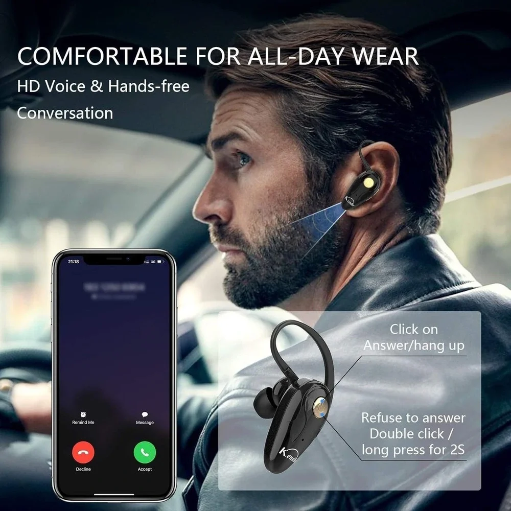 Kendir Wireless Headset K1 Bluetooth V5.0 Ultralight Cell Phone Earpiece w/ Mic